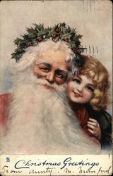 Christmas Greetings with Santa and Child Santa Claus Postcard Postcard