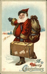 Santa with suitcase and backpack going on vacation Santa Claus Postcard Postcard