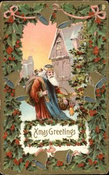 Santa in Red and Blue Robe Delivering Toys in Town Santa Claus Postcard Postcard