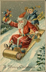 Santa and child in blue sledding down a hill with toys Santa Claus Postcard Postcard