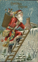 Christmas Greetings with Santa on a Ladder in the Snow Postcard