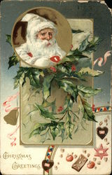 Santa in White Framed by Holly and Candy Postcard