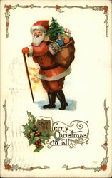 Santa Delivering Presents, Walking With Cane Santa Claus Postcard Postcard