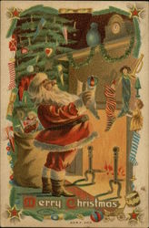 Santa Hanging Stockings on Fireplace Santa Claus Postcard Postcard