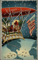 Santa Flying Over Panama Canal Flying American Flag Santa Claus Postcard Postcard