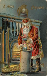 Santa pulling toy out of bag in front of fireplace Santa Claus Postcard Postcard