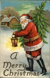 A Merry Christmas with Santa Carrying Tree Santa Claus Postcard Postcard