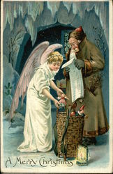 Santa in Brown Robe With Angel Filling Toy Basket Santa Claus Postcard Postcard