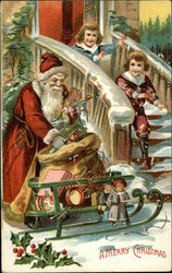 Santa Delivering Toys on Sled to Two Children Santa Claus Postcard Postcard