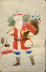 Santa with blue pants carrying tree and toys Santa Claus Postcard Postcard