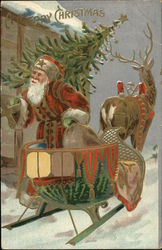 Santa Delivering Tree From Sled Pulled by Reindeer Santa Claus Postcard Postcard