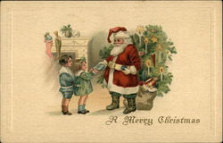 Two children giving Santa a gift Postcard