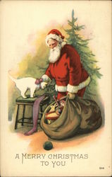 Santa Petting a White Cat by a Tree Santa Claus Postcard Postcard