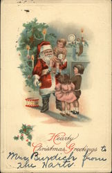 Hearty Christmas Greetings with Santa and Children Santa Claus Postcard Postcard