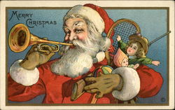 Santa With Toys and Blowing Horn Postcard