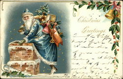 Santa in Blue Robe Climbing Into a Chimney Santa Claus Postcard Postcard