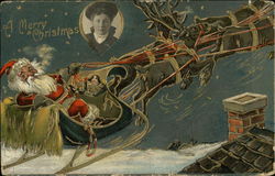 Santa In Sleigh Pulled by Reindeer Postcard