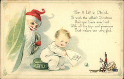 Santa Spying on Infant Writing "Dear Santa" Letter Postcard