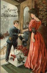 Delivery Boy Delivering Christmas Presents to Woman at Door Santa Claus Postcard Postcard