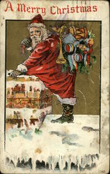 Santa going into chimney on roof with toys Postcard