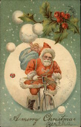 A Merry Christmas with Santa on a Bicycle Santa Claus Postcard Postcard