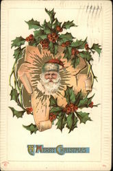 Face of Santa in the middle with holly around the picture Postcard