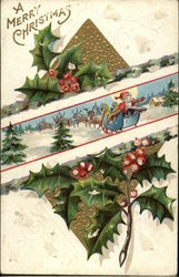 Santa Delivering Toys in Sleigh, Framed by Holly Postcard