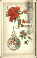 Framed Santa With Holly and Poinsettias Santa Claus Postcard Postcard