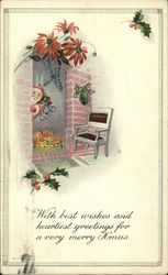 Santa Peeking Out of Fireplace Postcard