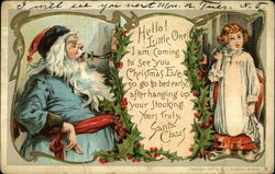 Santa in Blue Robe Calling Young Girl On Telephone Santa Claus Postcard Postcard