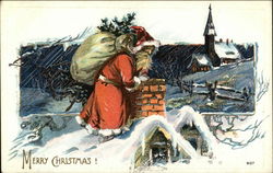 Merry Christmas! with Santa on Rooftop in the Snow Santa Claus Postcard Postcard