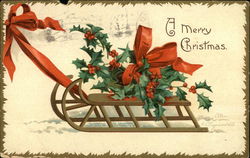 Wooden sled with holly sitting on it Santa Claus Postcard Postcard