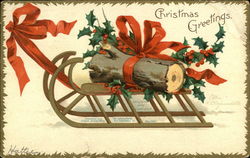 Yule Log on Sled, Tied with Holly and Red Bow Santa Claus Postcard Postcard