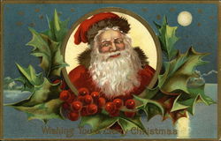 Wishing You a Merry Christmas with Santa and Holly Santa Claus Postcard Postcard