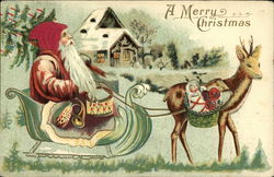 Santa in green sleigh being pulled by a reindeer Postcard