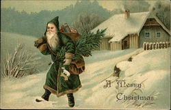 Santa in Green Robe Walking in Snow to Deliver Presents and Tree Santa Claus Postcard Postcard