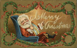 Santa Smoking in Chair, Framed by Holly Postcard