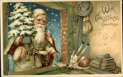 Santa in Red Trimmed White Robe Delivering Toys Through Window Postcard