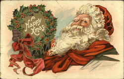 A Happy Christmas with Santa holding a Holly Wreath Postcard