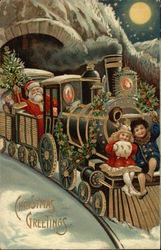 Christmas Greetings with Santa, Train and Children Santa Claus Postcard Postcard