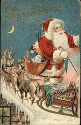 Santa with Sleigh and Reindeer on Rooftop Postcard