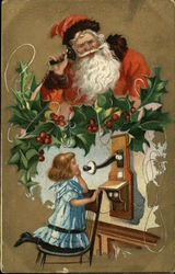 Little Girl Talking on Telephone to Santa Claus Postcard