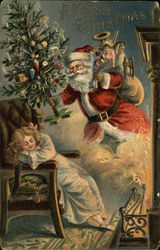 Santa holding toys and tree while girl sleeps in chair Postcard