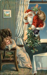 Santa with blue pants coming into house though window Postcard