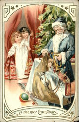 Santa In Blue Robe Delivering Toys, Discovered by Two Children Santa Claus Postcard Postcard