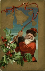 Santa Pulling on Strand of Bells Framed by Holly Sprig Postcard