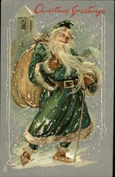 Santa in Green Robes Carrying Presents Through Snow Santa Claus Postcard Postcard