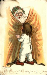 Child looking at Santa behind curtain Santa Claus Postcard Postcard