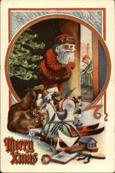 Santa looking behind open door to see boy sleeping in bed Postcard