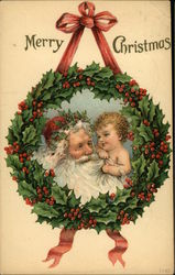 Merry Christmas with Santa and Child in Holly Wreath Postcard